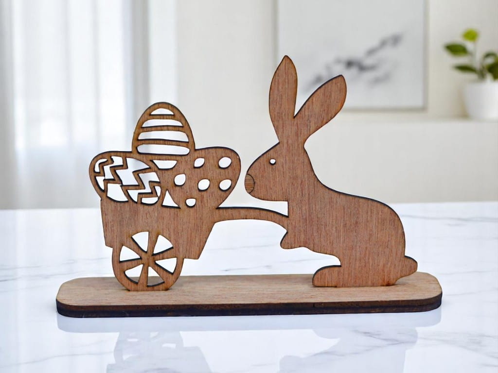 Laser Cut Wooden Rabbit Figurine with Cart Easter Decoration
