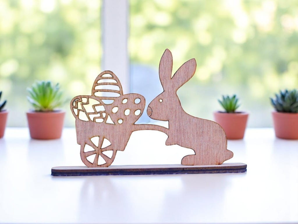 Laser Cut Wooden Rabbit Figurine with Cart Easter Decoration