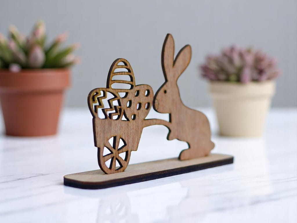 Laser Cut Wooden Rabbit Figurine with Cart Easter Decoration