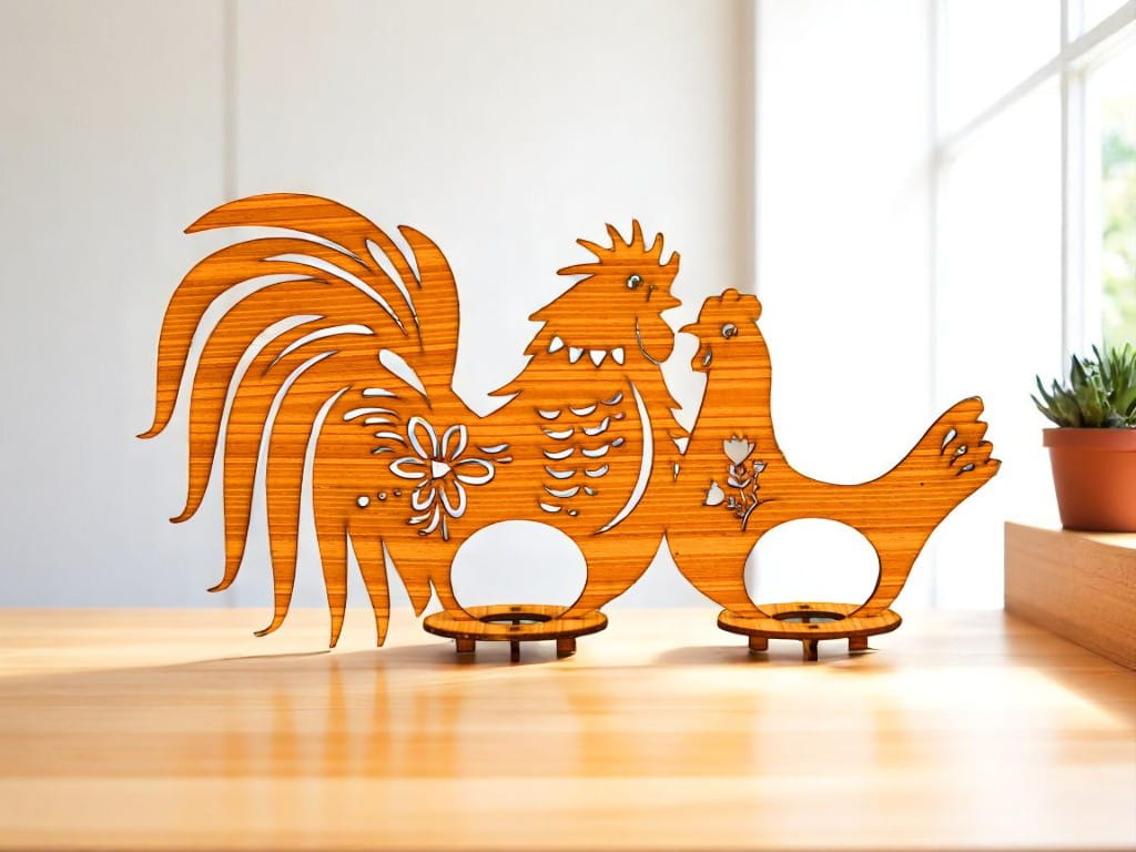 Laser Cut Rooster and Hen Easter Egg Holder Decor