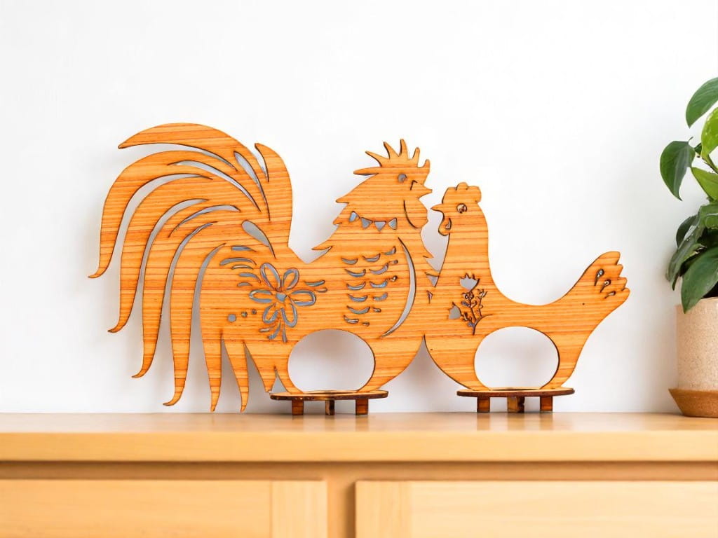 Laser Cut Rooster and Hen Easter Egg Holder Decor