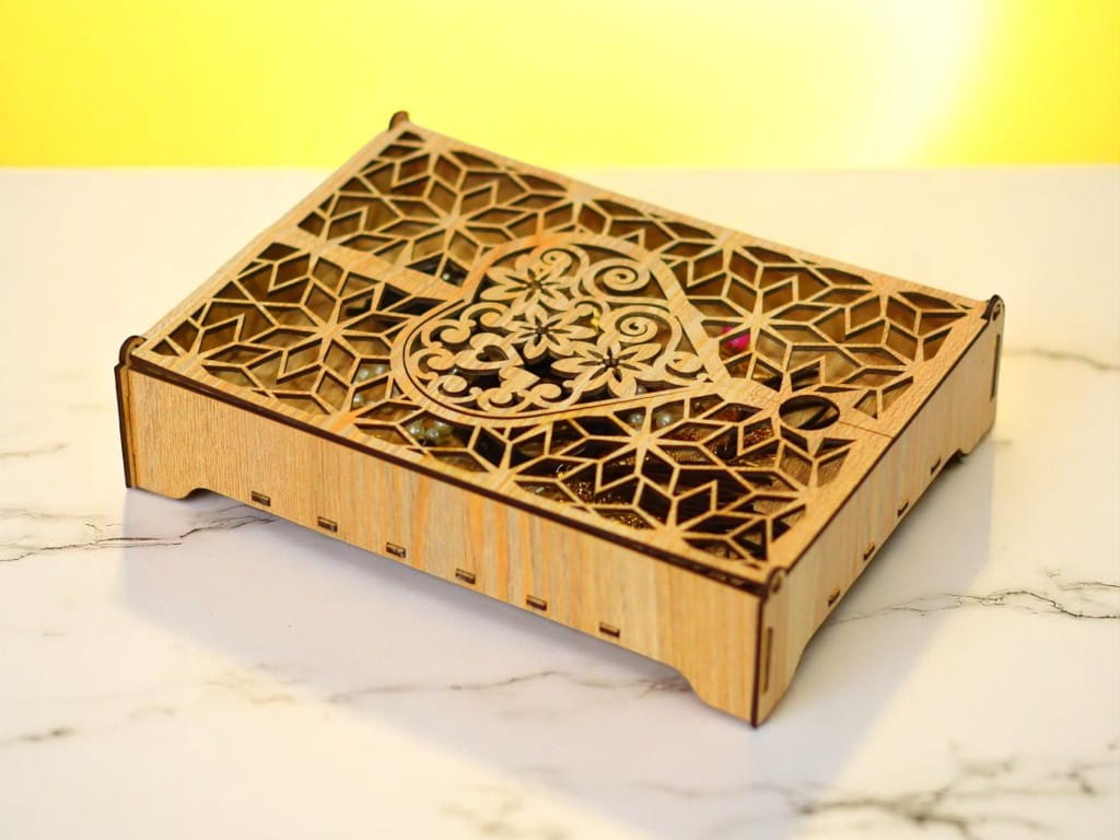 Laser Cut Wooden Jewelry Box with Heart Design