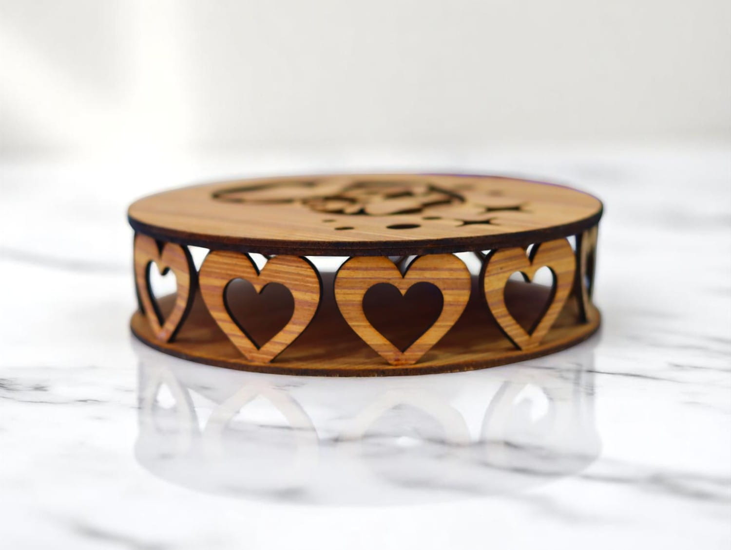 Laser Cut Wooden Round Box with Hearts