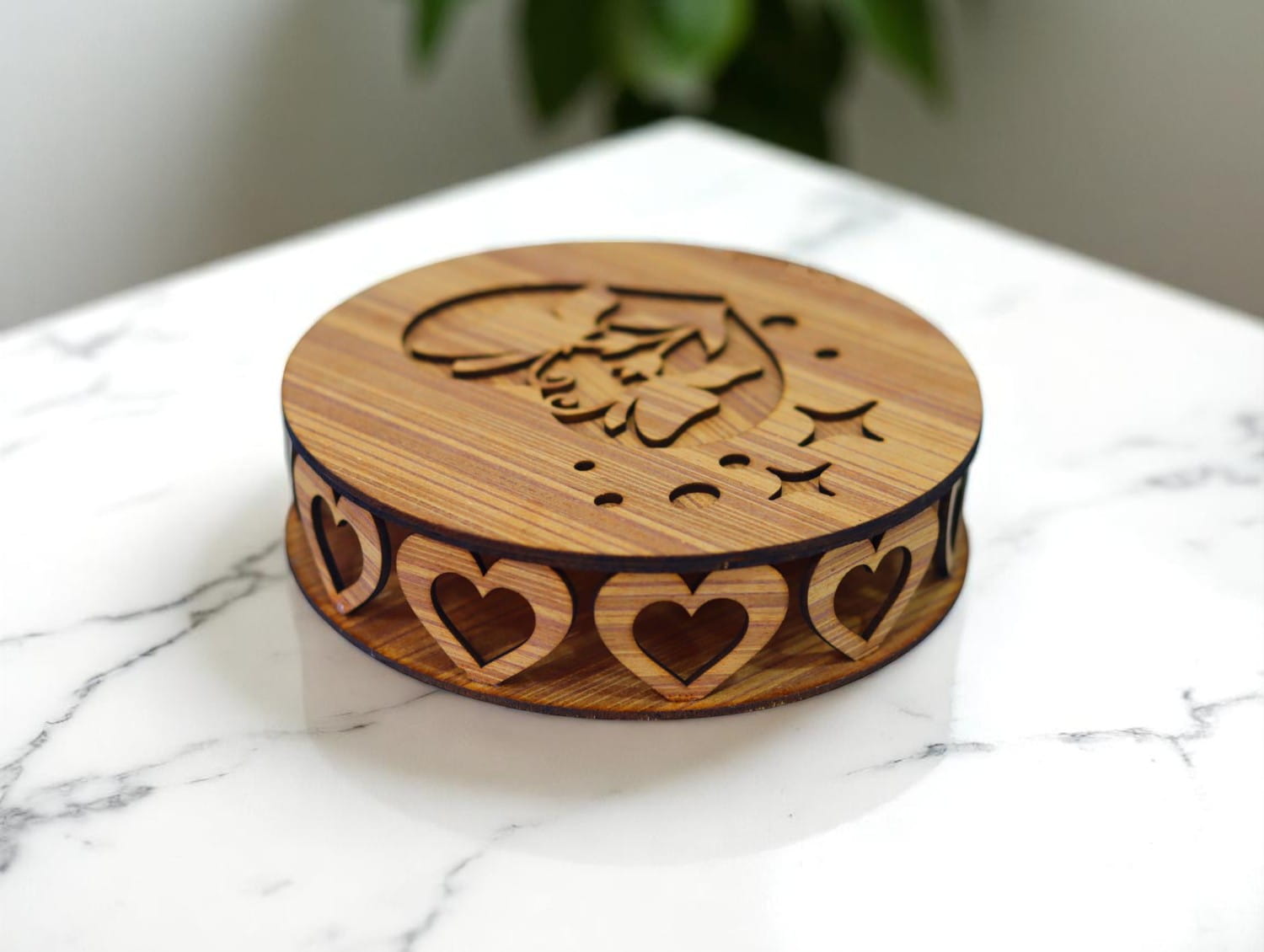 Laser Cut Wooden Round Box with Hearts