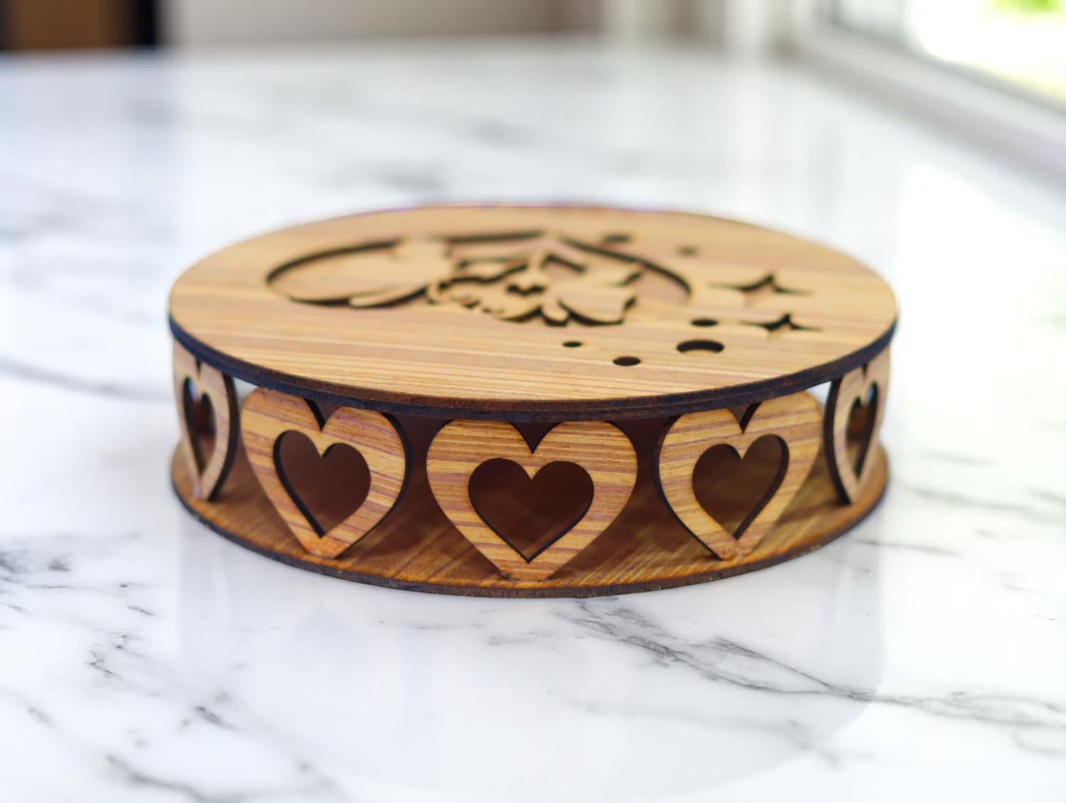 Laser Cut Wooden Round Box with Hearts