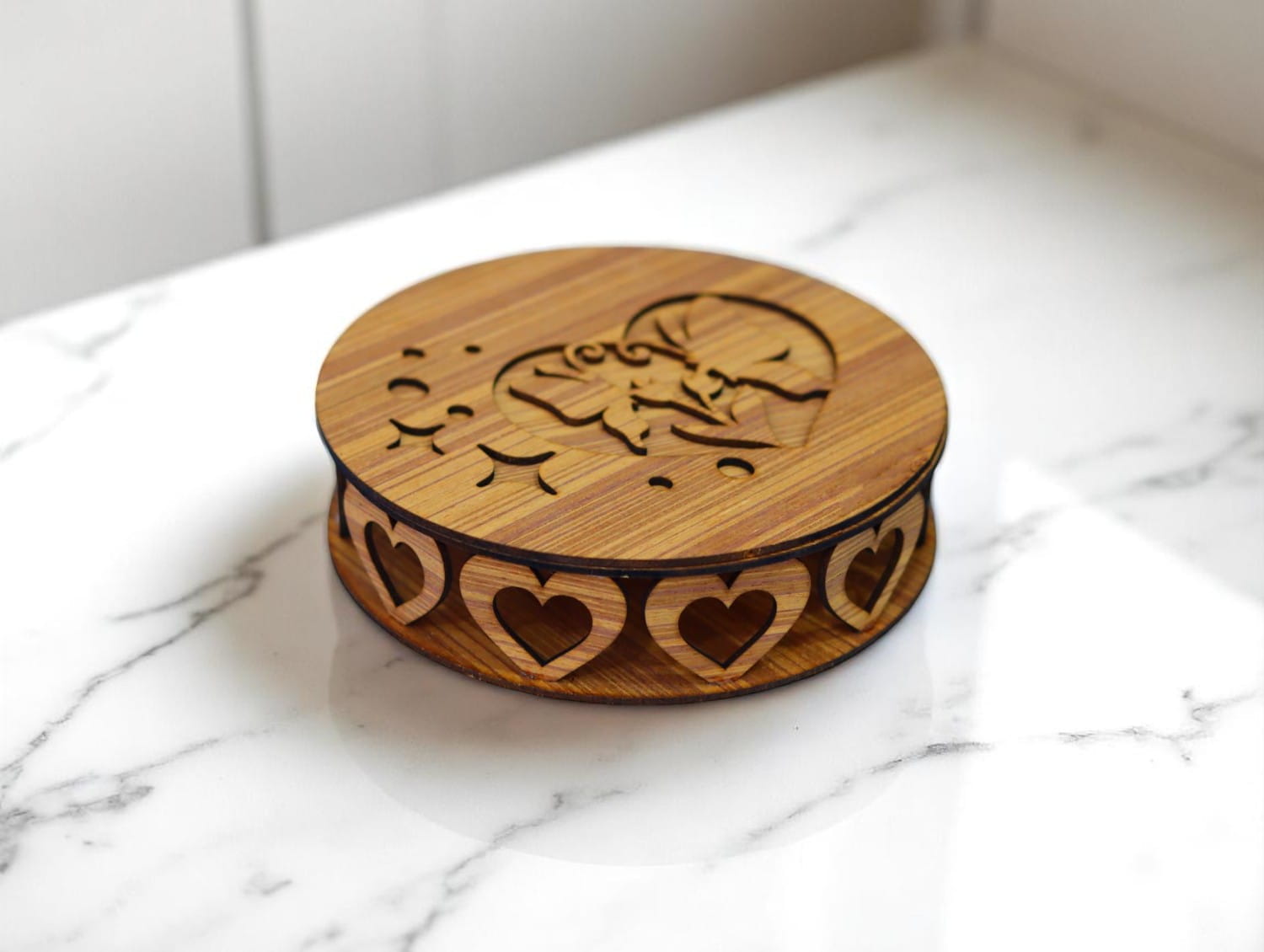 Laser Cut Wooden Round Box with Hearts