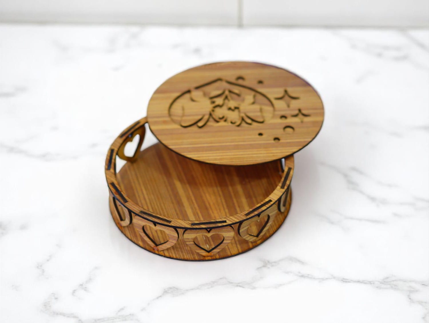 Laser Cut Wooden Round Box with Hearts