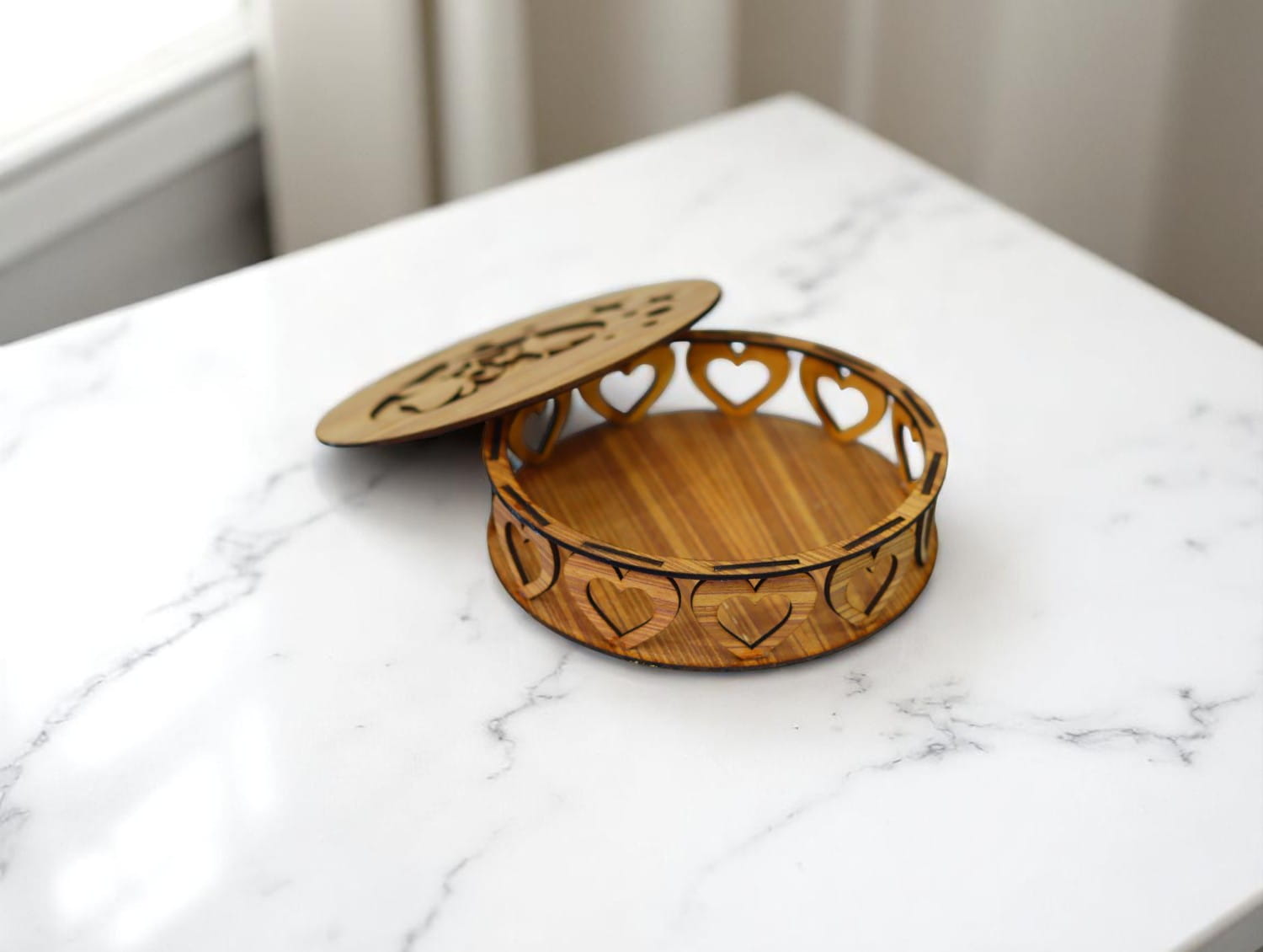 Laser Cut Wooden Round Box with Hearts