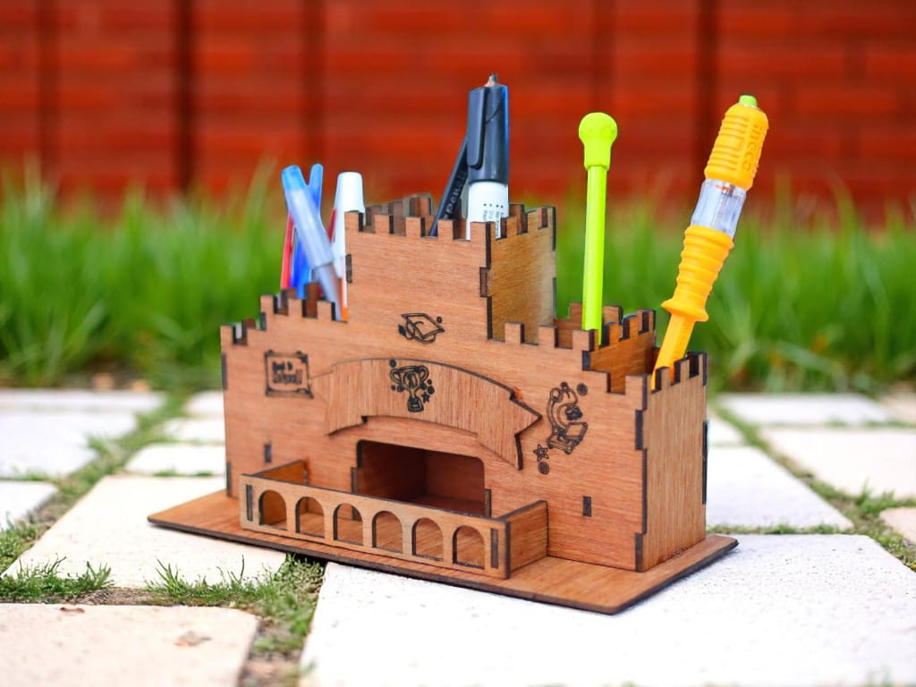 Laser Cut Wooden Castle Office Desk Organizer