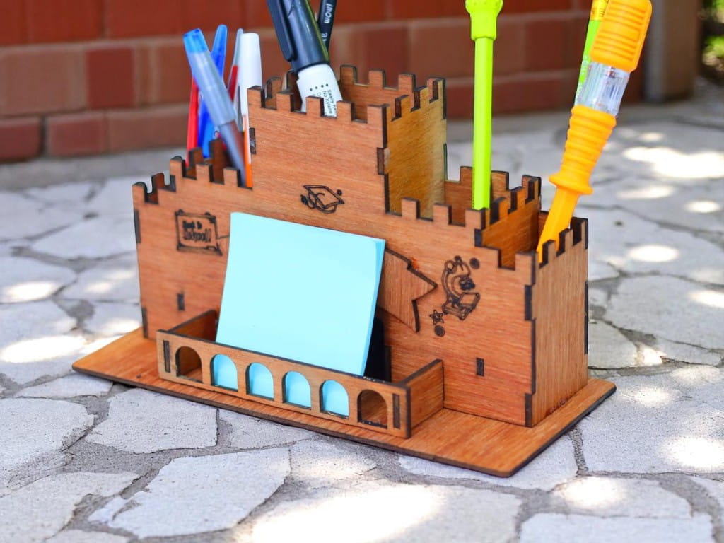Laser Cut Wooden Castle Office Desk Organizer