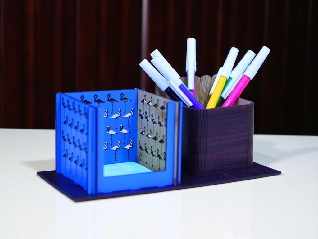 Laser Cut Wooden Sticky Notes and Pencil Holder Desk Organizer