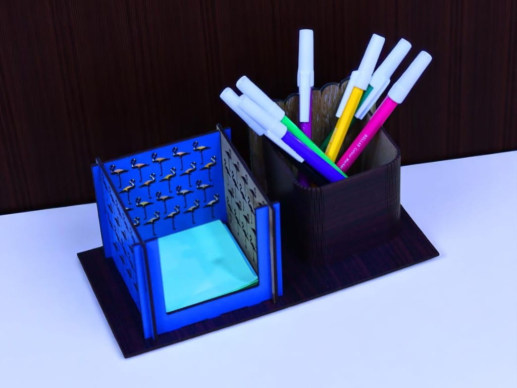 Laser Cut Wooden Sticky Notes and Pencil Holder Desk Organizer
