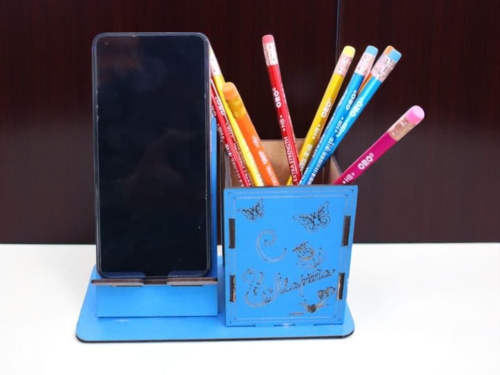 Laser Cut Wooden Phone and Pen Stand Gift for 8 March