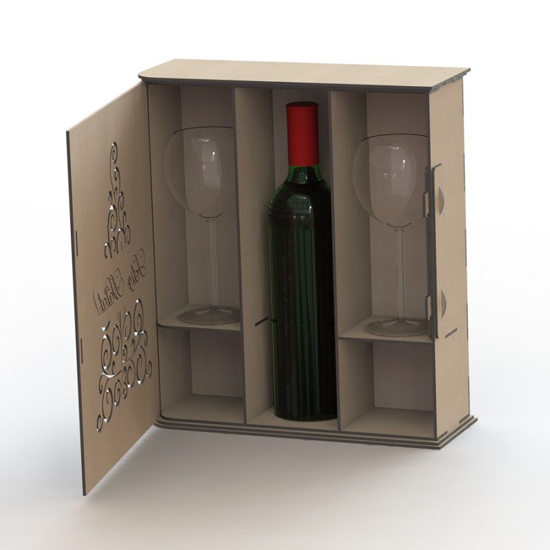 Laser Cut Wooden Packaging Box for Wine Bottle and 2 Glasses