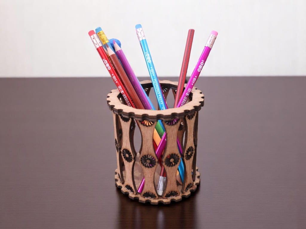 Laser Cut Round Wooden Pen Holder