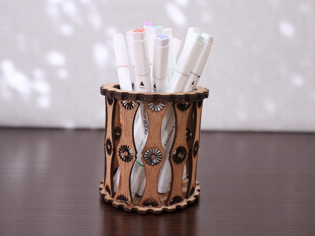 Laser Cut Round Wooden Pen Holder