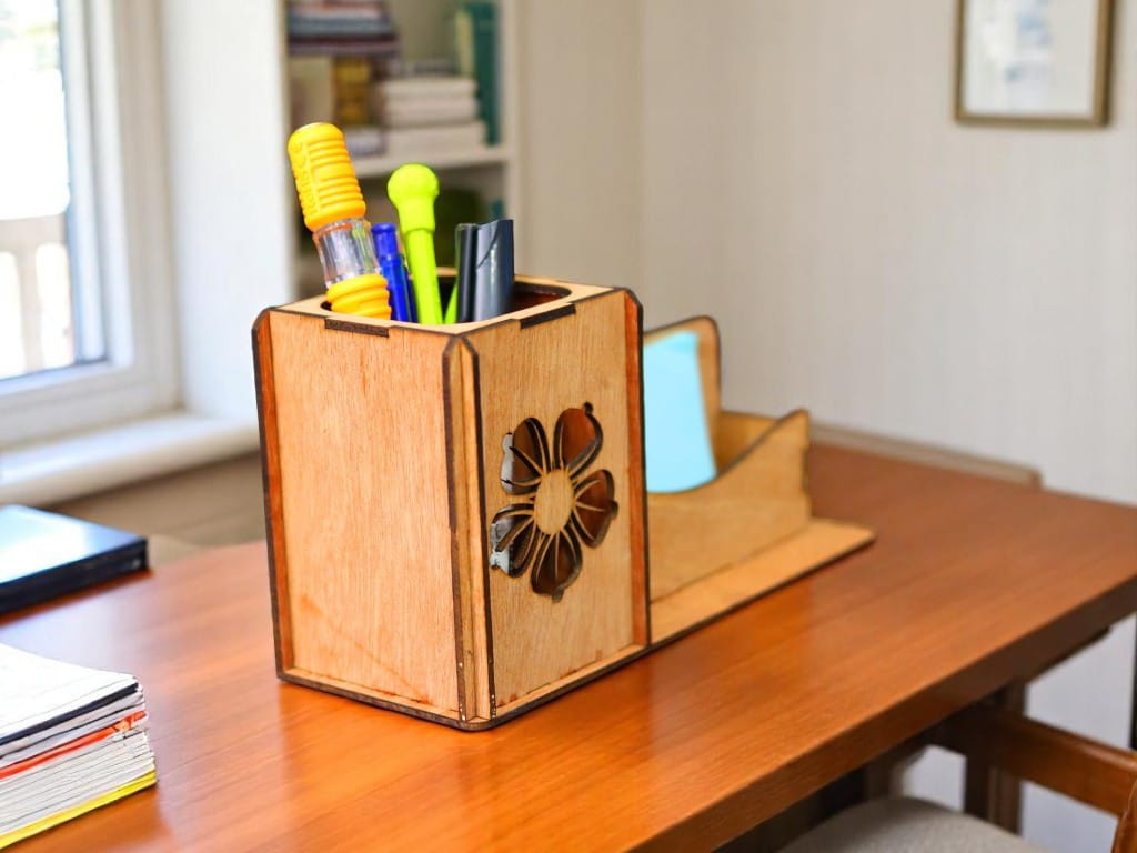 Laser Cut Pen and Business Card Holder Desk Organizer