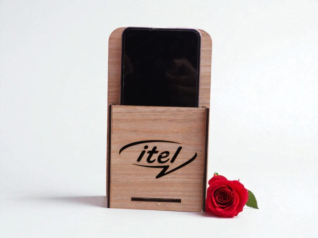 Laser Cut Wooden Wall Mounted Mobile Holder with Itel Logo