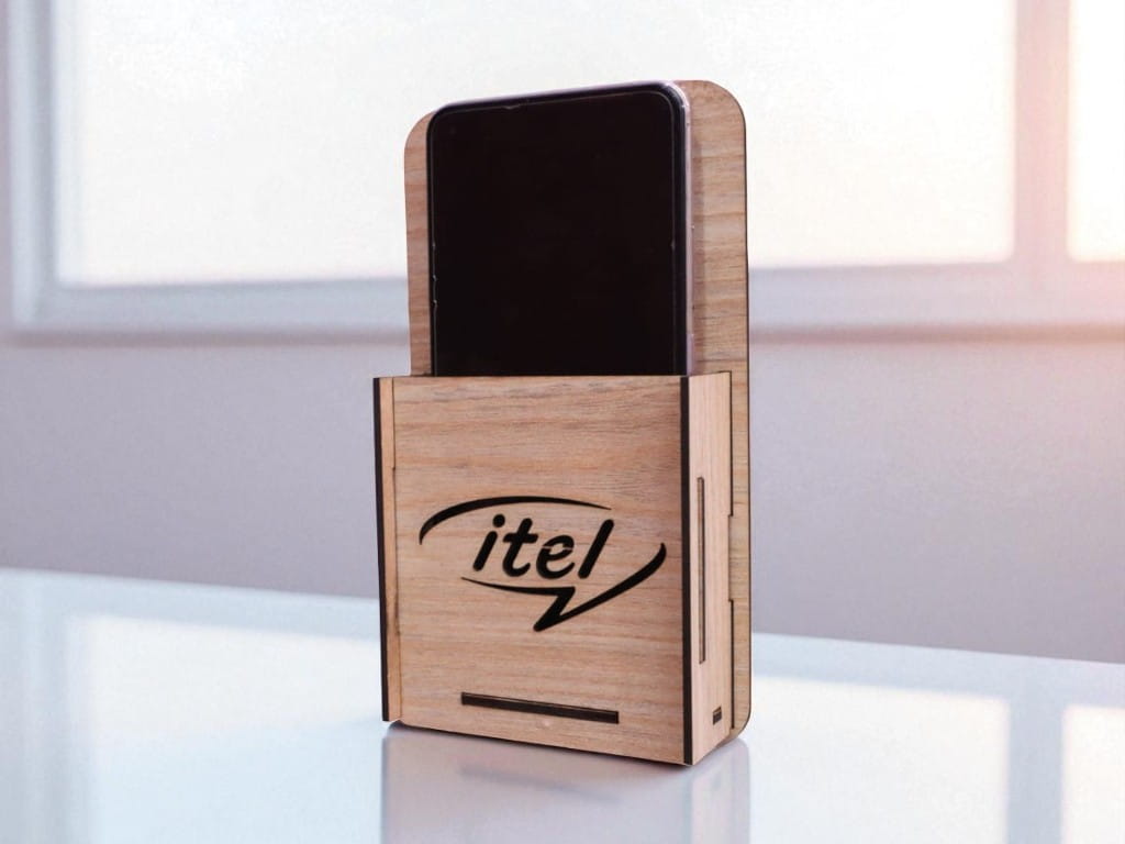 Laser Cut Wooden Wall Mounted Mobile Holder with Itel Logo