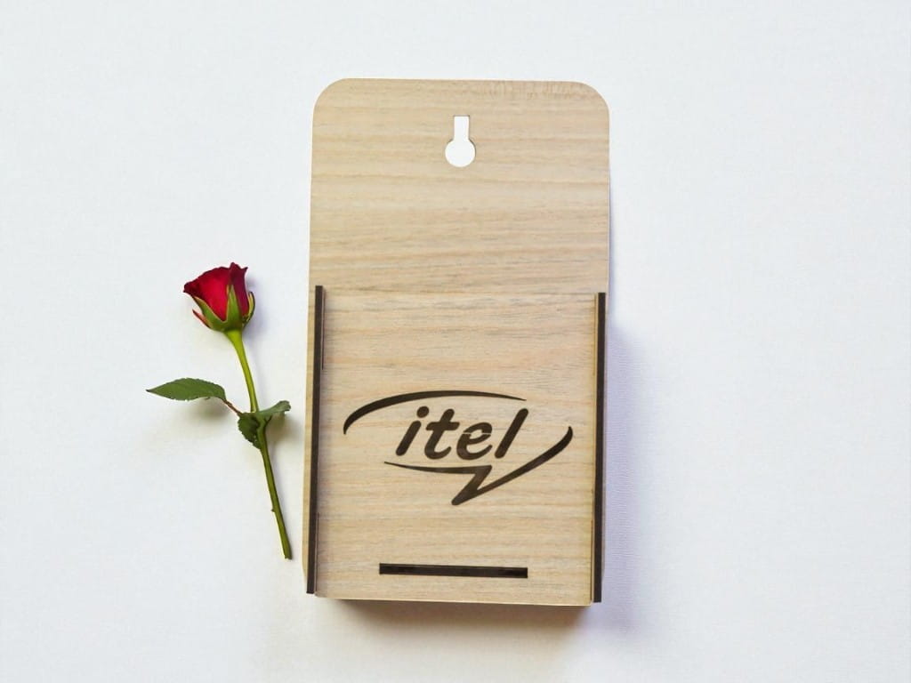 Laser Cut Wooden Wall Mounted Mobile Holder with Itel Logo