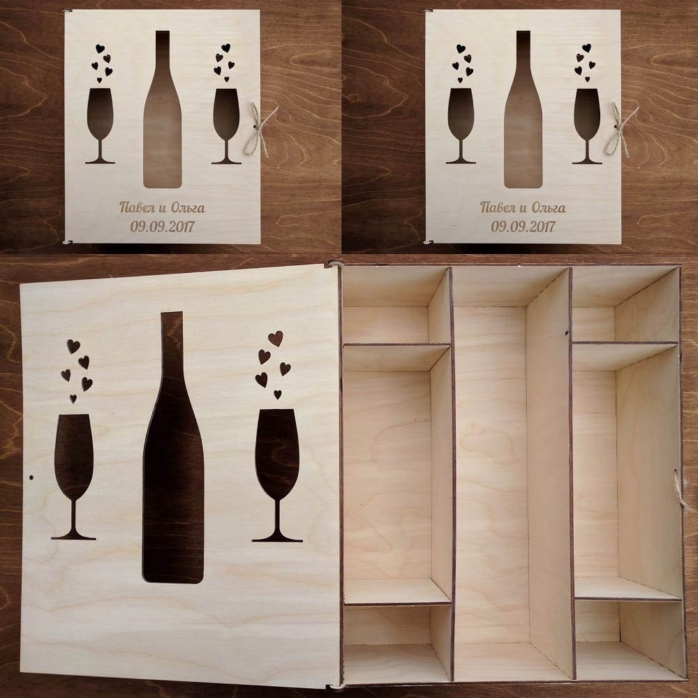 Laser Cut Wooden Sectional Box for Wine Bottle and Glasses