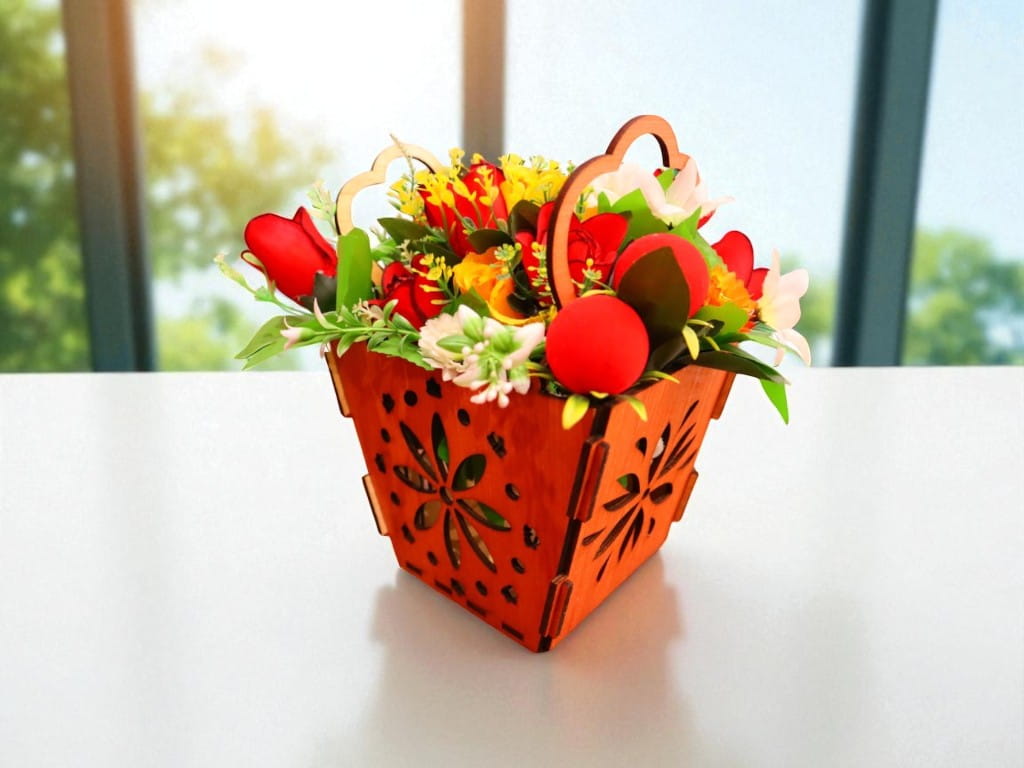 Laser Cut Decorative Flower Basket with Handle