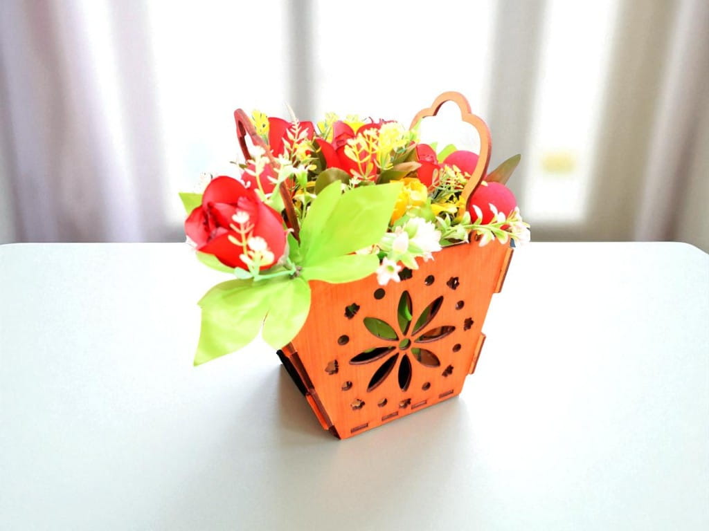 Laser Cut Decorative Flower Basket with Handle