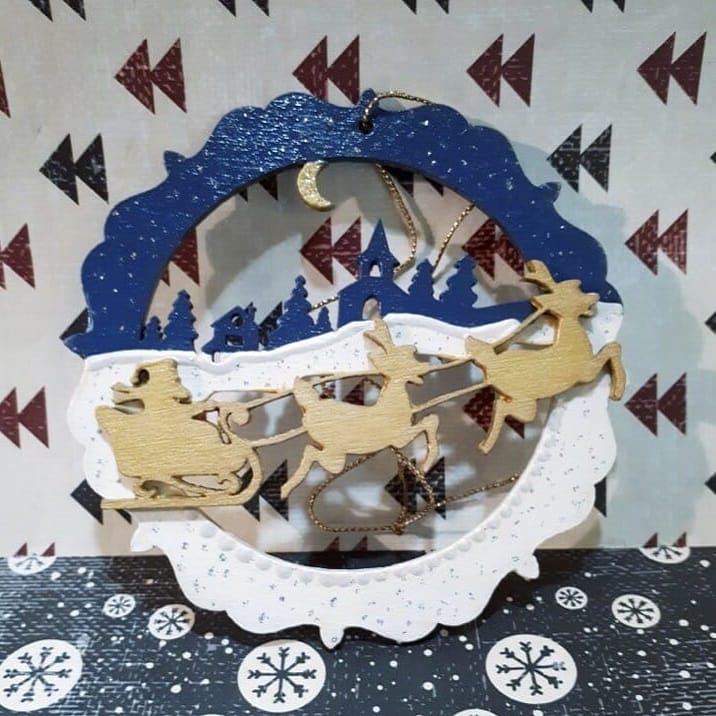 Laser Cut Santa Sleigh Flying over Winter Village Christmas Ornament