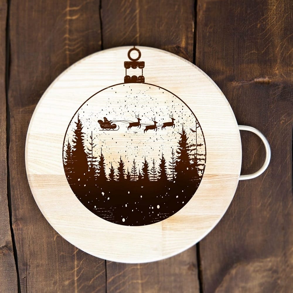 Laser Engraving Santa Sleigh Flying Over Woods Christmas Plate