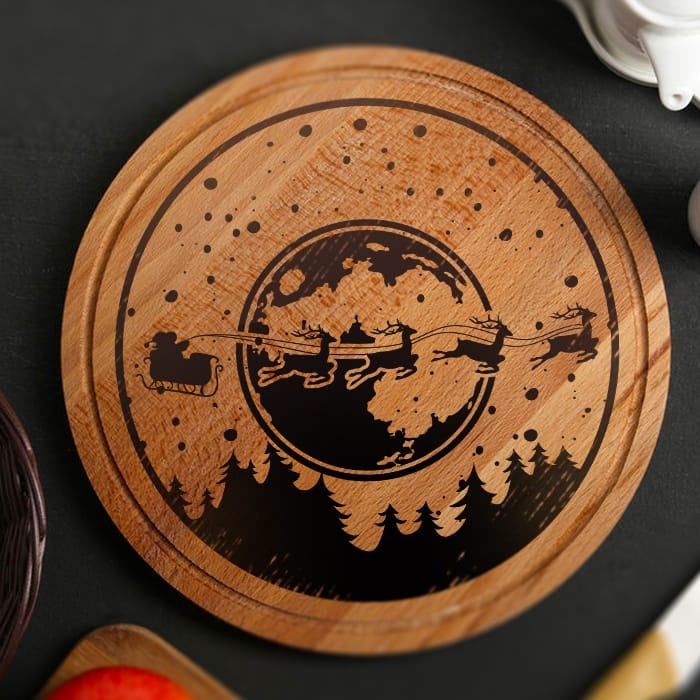 Laser Engraving Santa Sleigh Flying on Festive Night Christmas Plate