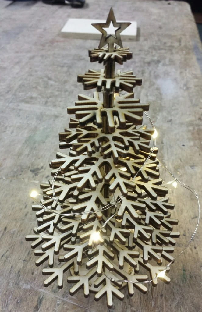 Laser Cut Christmas Tree Made from Wooden Snowflakes