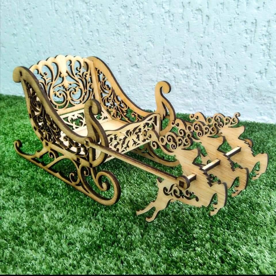 Laser Cut Decorative Christmas Sleigh with Reindeers