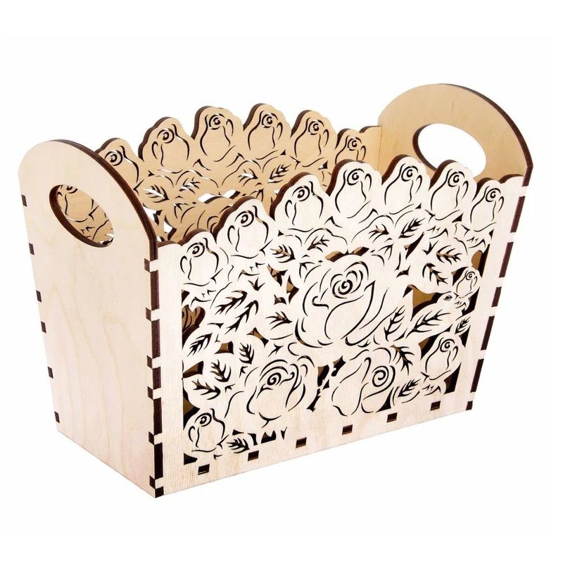 Laser Cut Plywood Rose Flower Basket with Handles