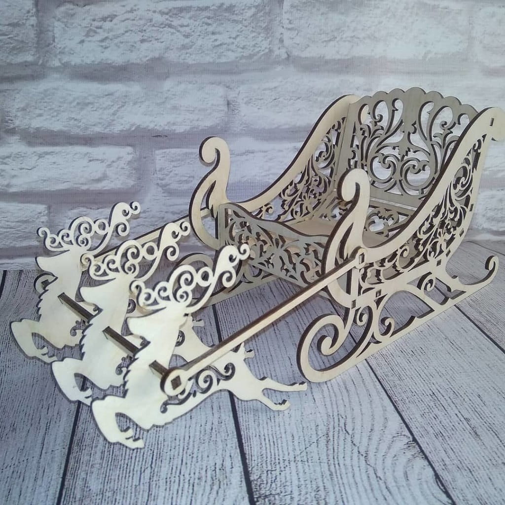 Laser Cut Santa Sleigh with Reindeer Christmas Decoration