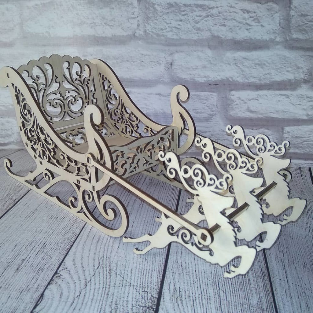Laser Cut Santa Sleigh with Reindeer Christmas Decoration