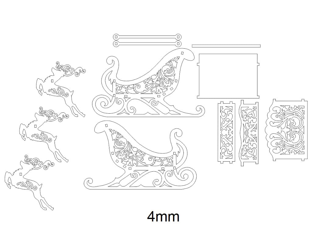 Laser Cut Santa Sleigh with Reindeer Christmas Decoration
