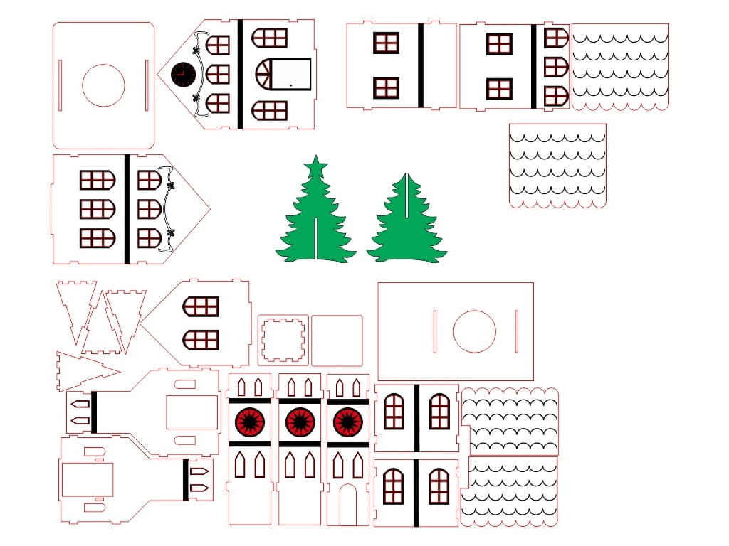 Laser Cut Wooden Christmas Church Village Scene
