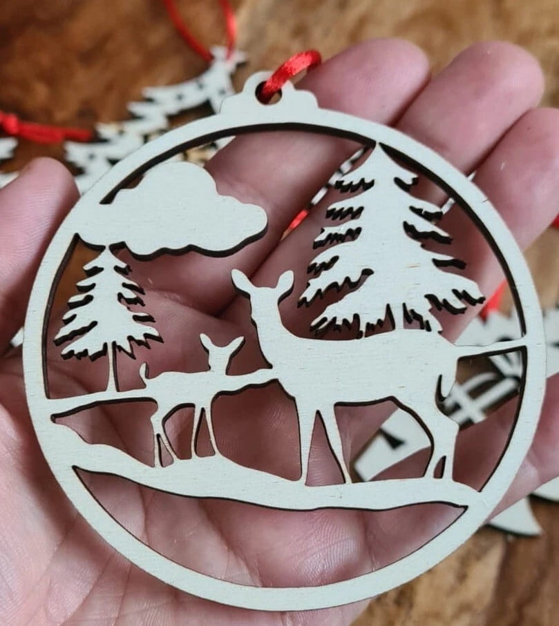 Laser Cut Deers in Woods Christmas Ornament