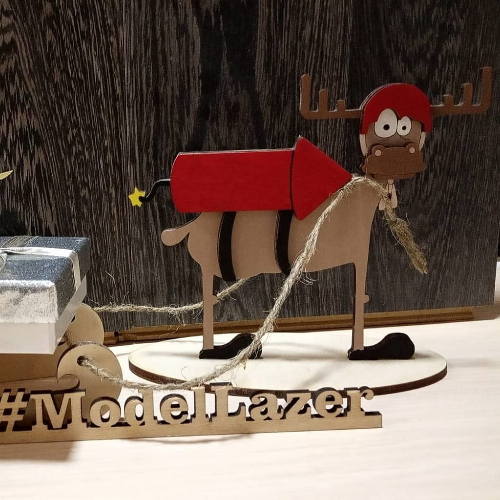 Laser Cut Worried Reindeer with Rocket Christmas Decoration