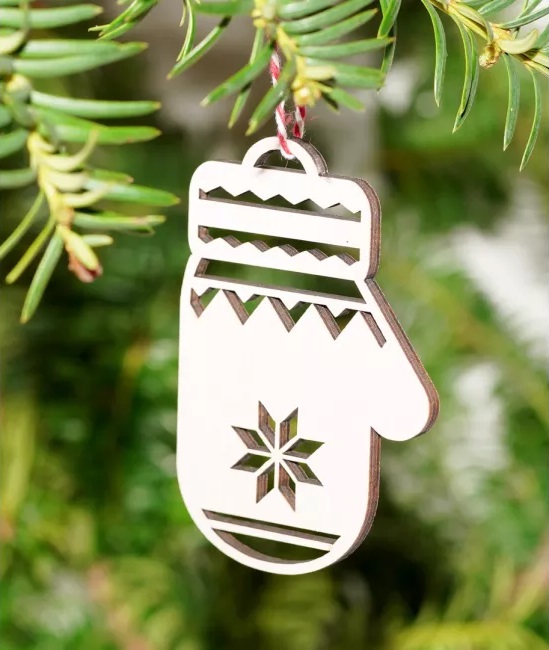 Laser Cut Wooden Mitten Shaped Christmas Tree Ornament