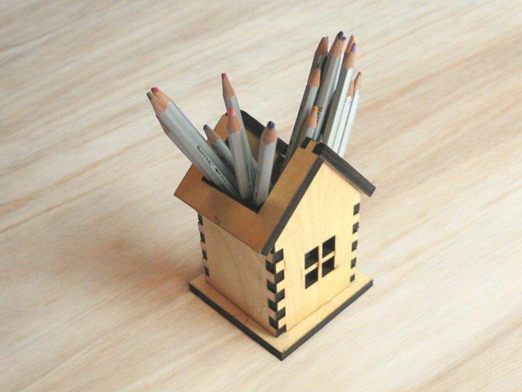 Laser Cut House Shaped Wooden Desk Pen Holder