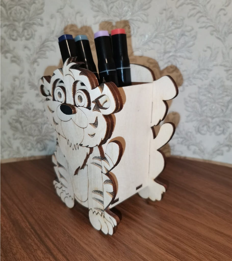 Laser Cut Tiger Shaped Wooden Pencil Holder