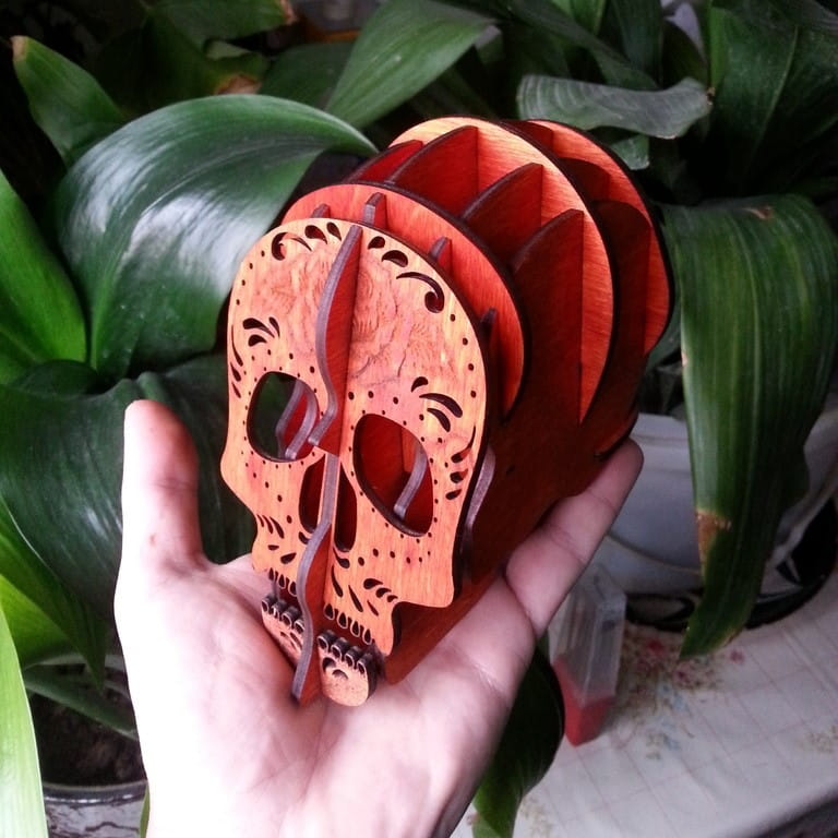 Laser Cut Wooden Skull Pen Holder
