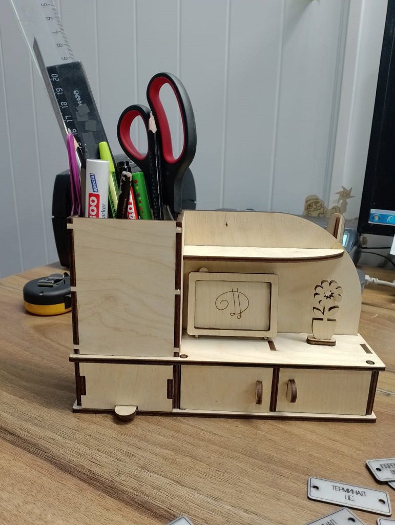 Laser Cut Desk Storage Organizer with Miniature TV