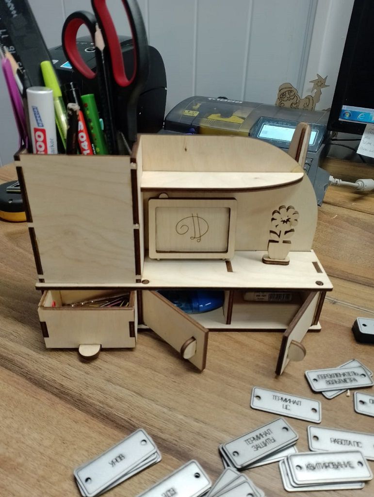 Laser Cut Desk Storage Organizer with Miniature TV