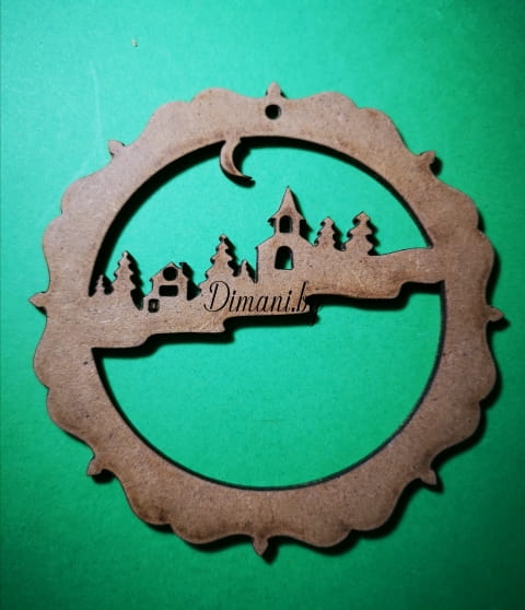 Laser Cut Village Scene Under Crescent Moon Christmas Ornament