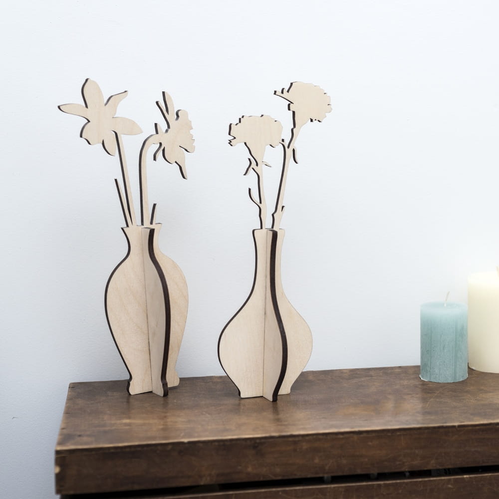 Laser Cut Wooden Vase With Flowers Desktop Decor