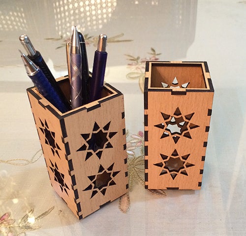 Laser Cut Square Wooden Pencil Holder Pot