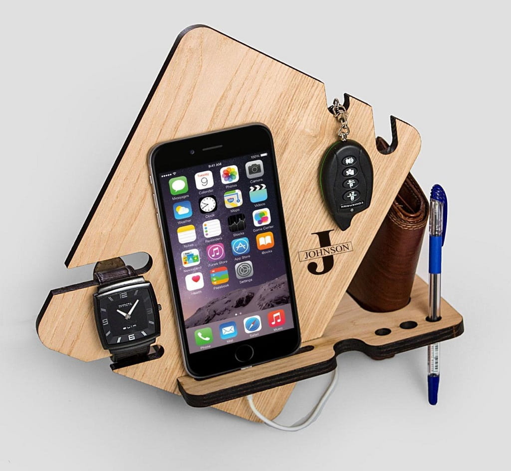 Laser Cut Phone Docking Station With Key Holder Wallet Stand Watch Organizer