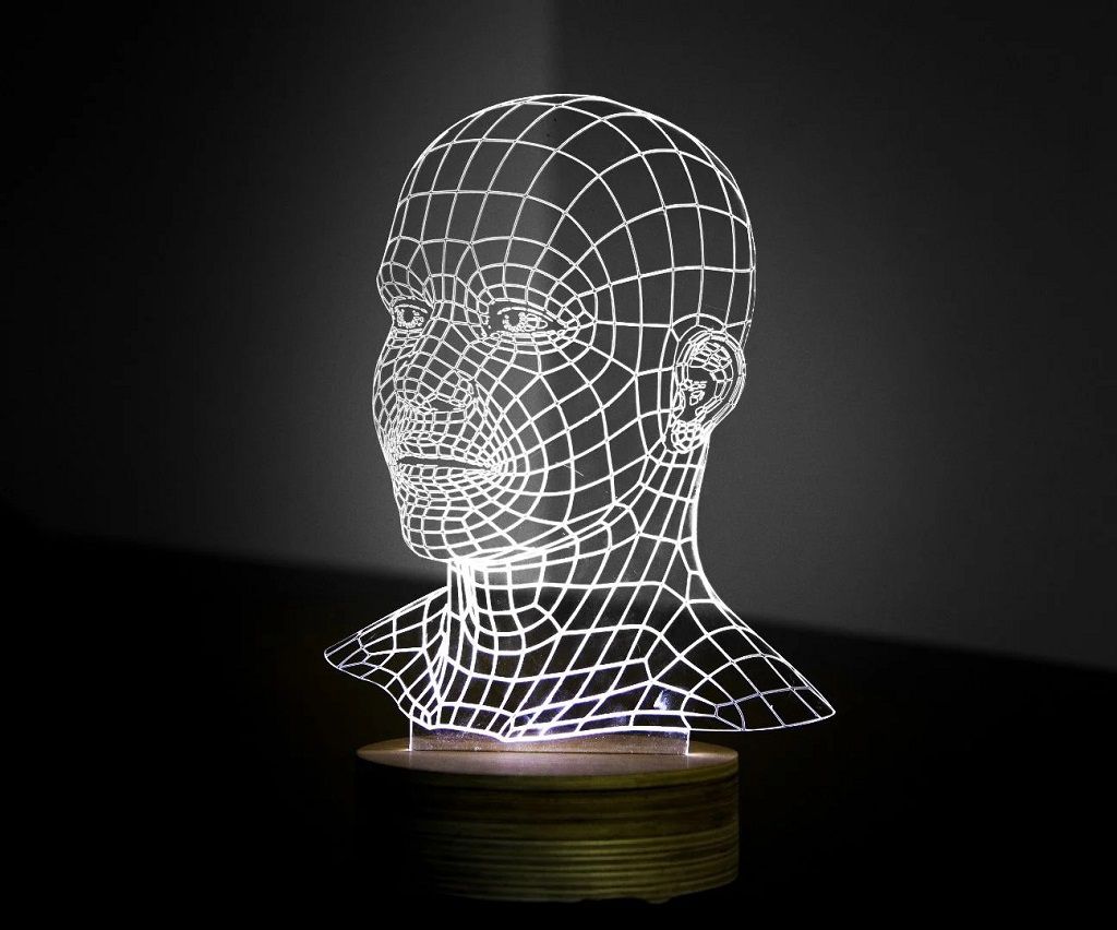 Laser Cut Human Head 3D Illusion With Wooden Base Lamp